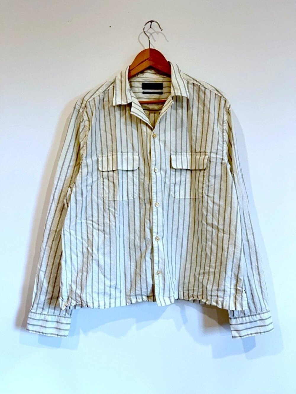 AllSaints Stanley Striped Shirt Mens XXL Boxy Fit Ecru Camp Collar Flap Pockets